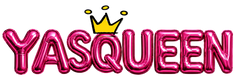 The word 'YASQUEEN' is spelled out in large, glossy pink balloon-style letters on a black background, with a small yellow crown above the lettering.